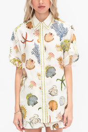 Beach Shell Print Short Sleeve Loose Shirt and Elastic Waist Tie Casual Pocket Shorts Set