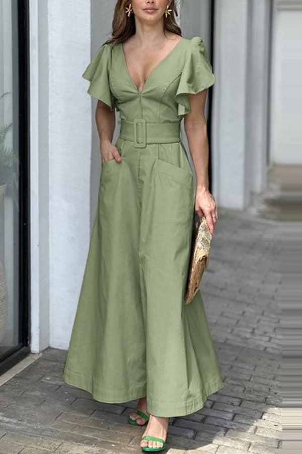 Solid Ruffle Sleeve V Neck High Waist Pocket Maxi Dress