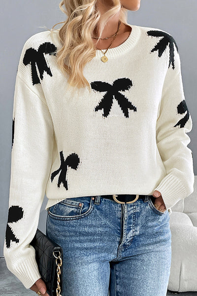 Christmas Contrast Bow Round Neck Long Sleeve Loose Knitted Sweater