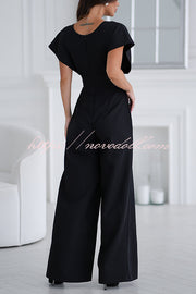 Solid Color V-neck Waist Casual Wide-leg Jumpsuit