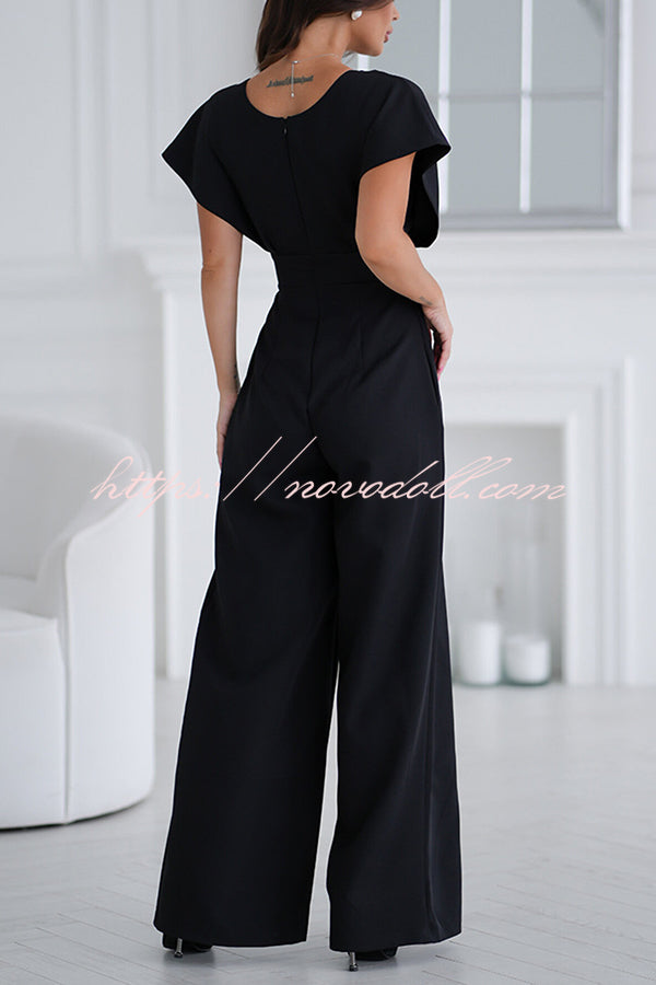 Solid Color V-neck Waist Casual Wide-leg Jumpsuit