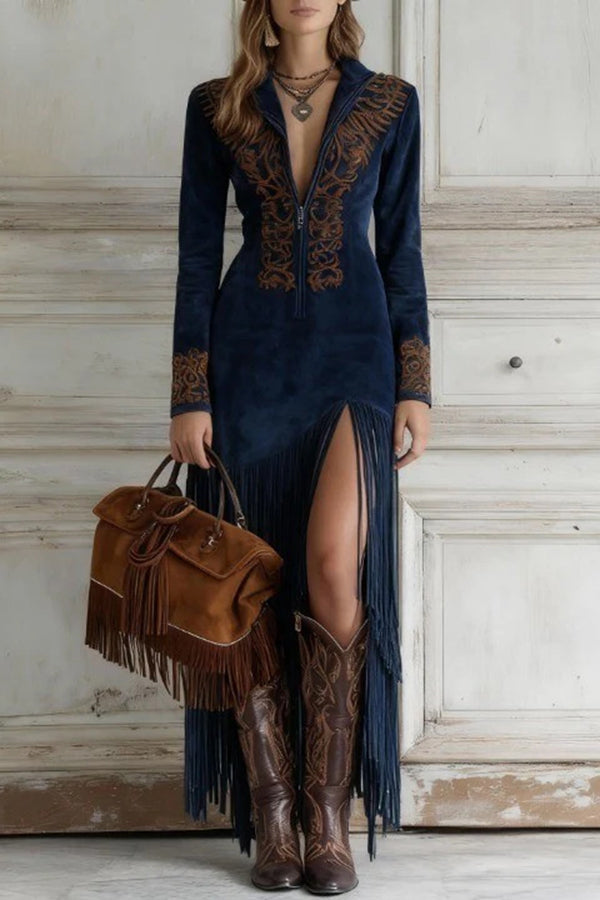 Fashionable Embroidered Fitted Long-sleeved Tassel Hem Maxi Dress