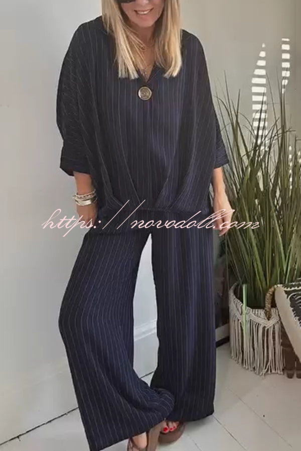Fashion Striped Print Lapel Loose Top and Elastic Waist Casual Wide-leg Pants Set