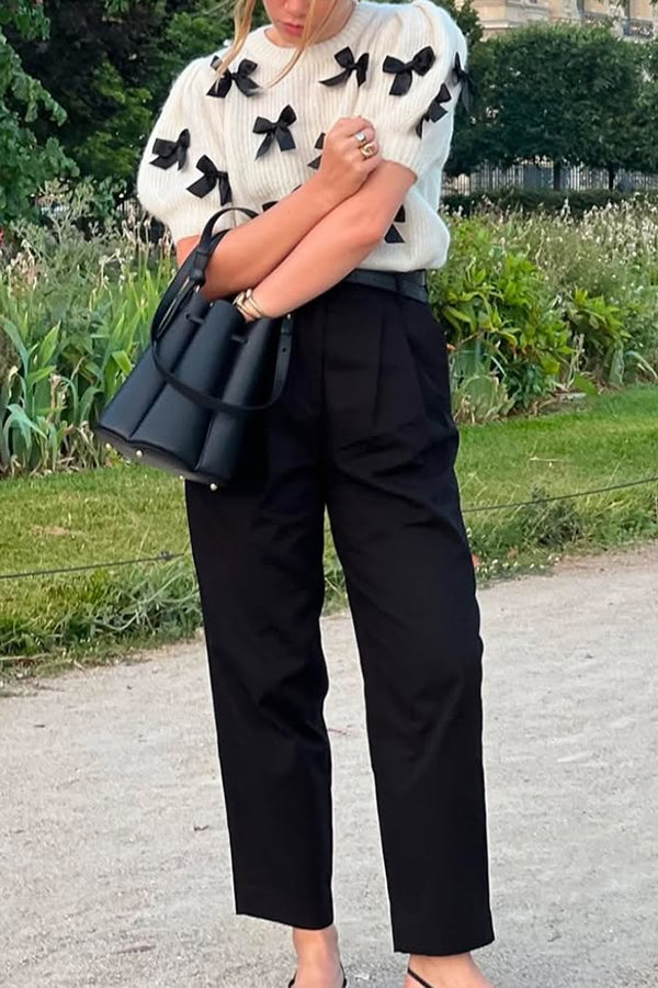 Stylish Bow Decoration Round Neck Puff Sleeve Casual Knit Sweater