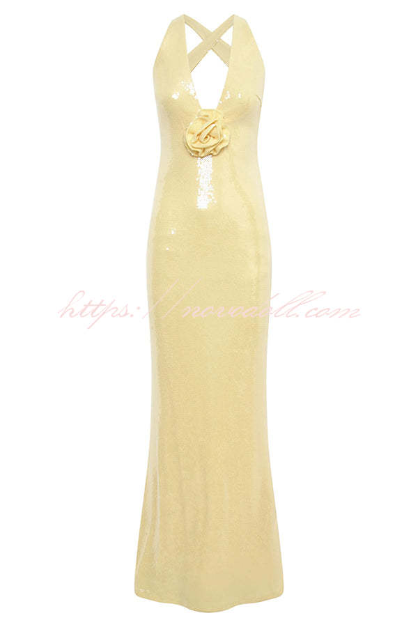 Sicilian Rose Sequin Three-dimensional Floral Sexy Backless Maxi Dress