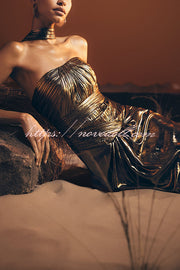 Clemence Plisse Metallic Fabric Reverse Halter Beck Strap Drape Slit Maxi Dress