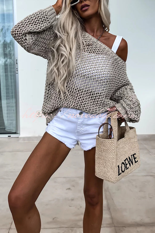 Vacation Beach Cover Up Long Sleeved Hollow Loose Top