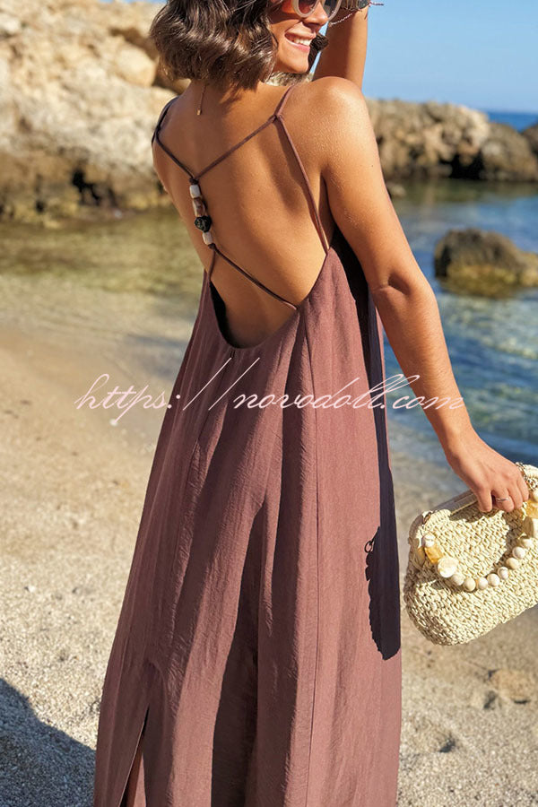 Sunny Beach Straps Unique Beaded Detail Backless Slit Maxi Dress