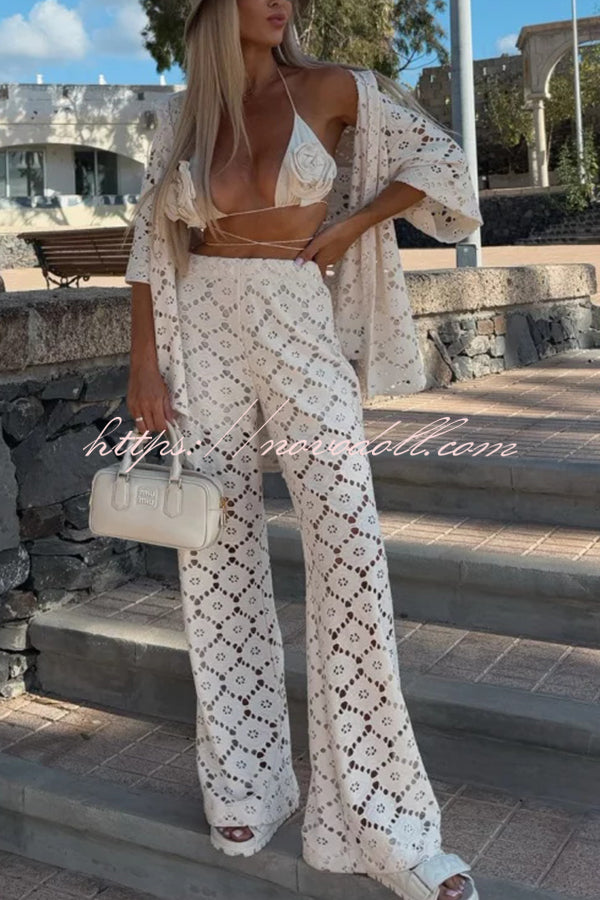 Holiday Crochet Flowers Lace Short Sleeve Shirt and Elastic Waist Wide Leg Pants Set