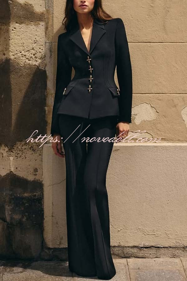 Women Power Metal Cross Snap Button Long Sleeve Lapel Blazer
