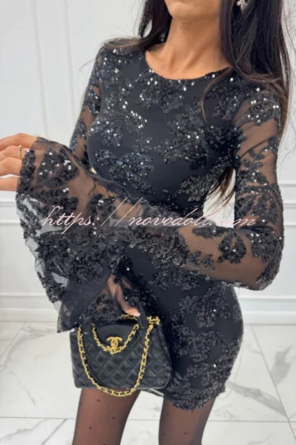 Deep and Dazzling Floral Texture Sequin Long Bell Sleeve Open Back Mini Dress
