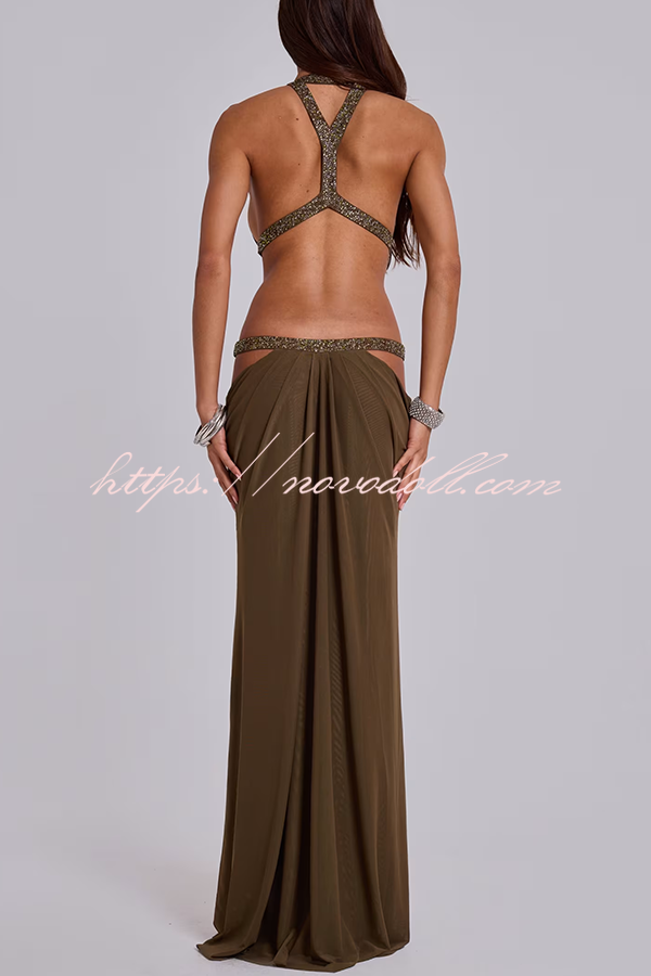 Khaki Hot-fix Rhinestone Shoulder Strap Cutout Design Backless Drape Maxi Dress