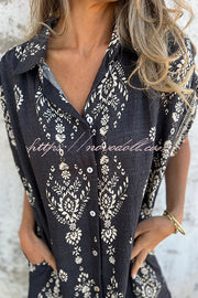Linen Blend Unique Print Lapel Casual Pocket Mini Dress