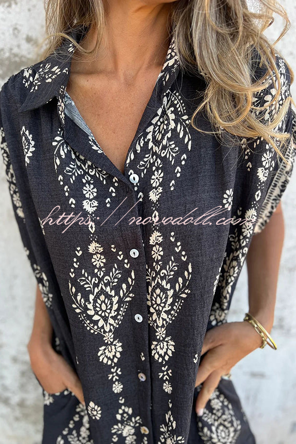 Linen Blend Unique Print Lapel Casual Pocket Mini Dress