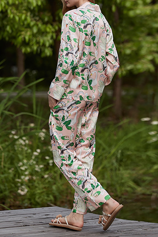 Swan Crane Printed Home Long Sleeved Two-piece Set