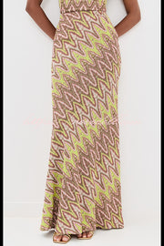 Moonlit Waltz Knit Jacquard Zigzag Print High Rise Stretch Flare Maxi Skirt