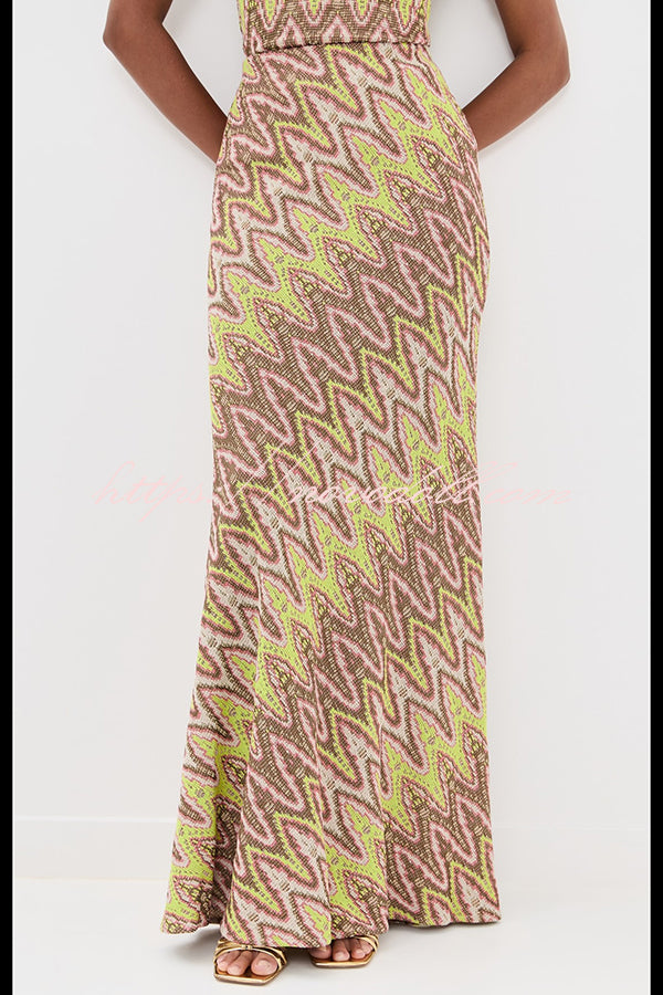 Moonlit Waltz Knit Jacquard Zigzag Print High Rise Stretch Flare Maxi Skirt