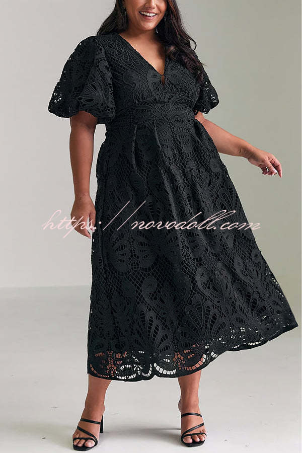 Solid Color V-neck Waist Slim Fit Hollow Lace Maxi Dress