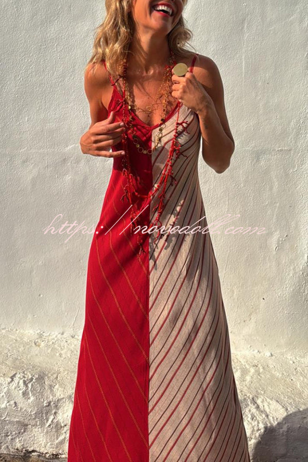 Fashionable Splicing V-neck Suspenders Loose Maxi Dress