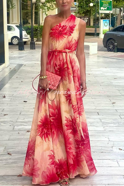 Floral Print One Shoulder Waist Tie Full Hem Resort Style Maxi Dress