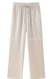 Fashionable Pleated Elastic Waist Tie Casual Pocket Wide-leg Pants
