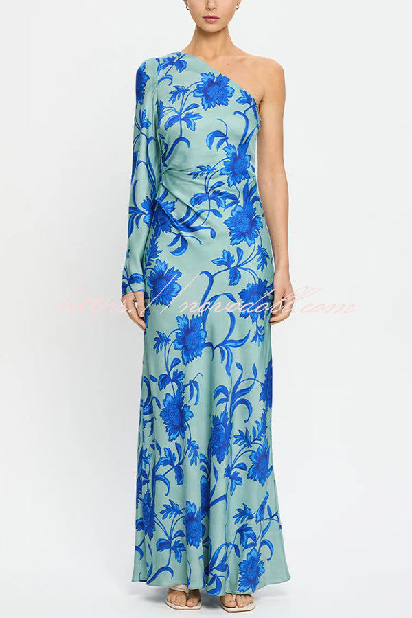 Satin Botanical Print One-Sleeve Resort Maxi Dress