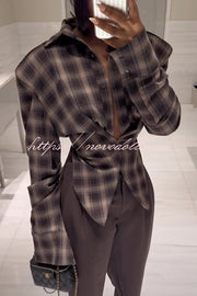 Vintage Plaid Shoulder Pad Buttons Long Sleeve Angled Hem Shirt