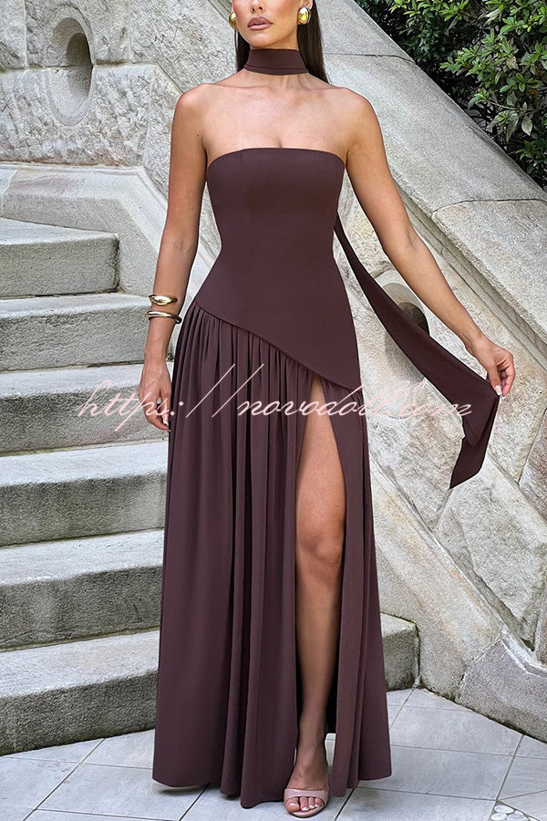 Elegant Off Shopulder Chiffon Pleated Hem Scarf Slit Maxi Dress