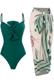 Sling Bow One Piece Swimsuit and Lake Print Skirt