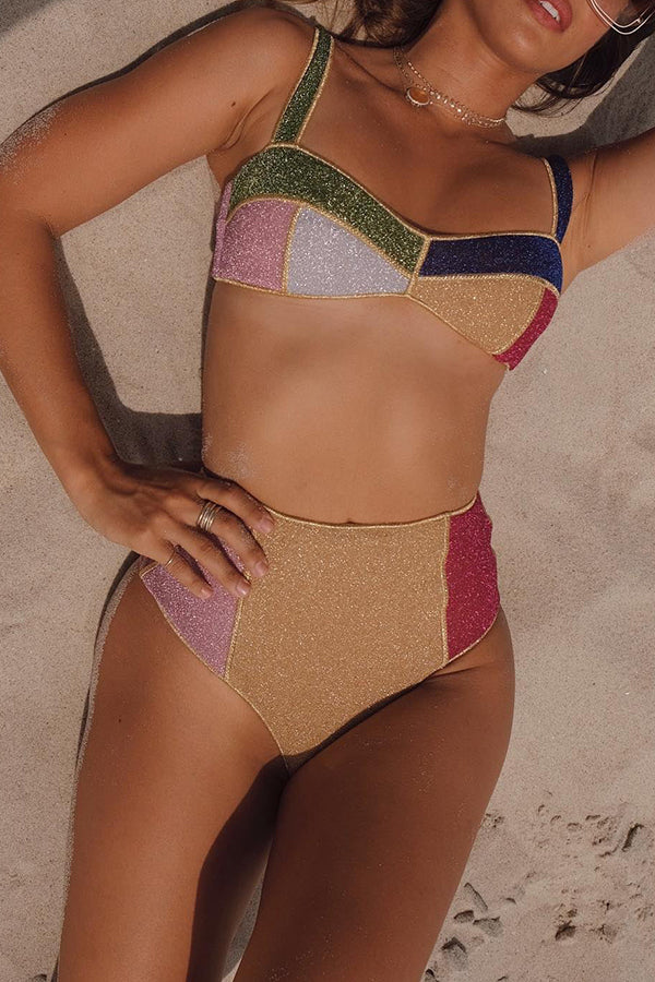 Dream Beach Glitter Fabric Color Block High Waist Bikini Swimsuit