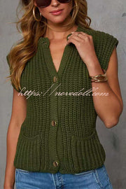 Solid Color Sleeveless Button Pocket Knit Vest