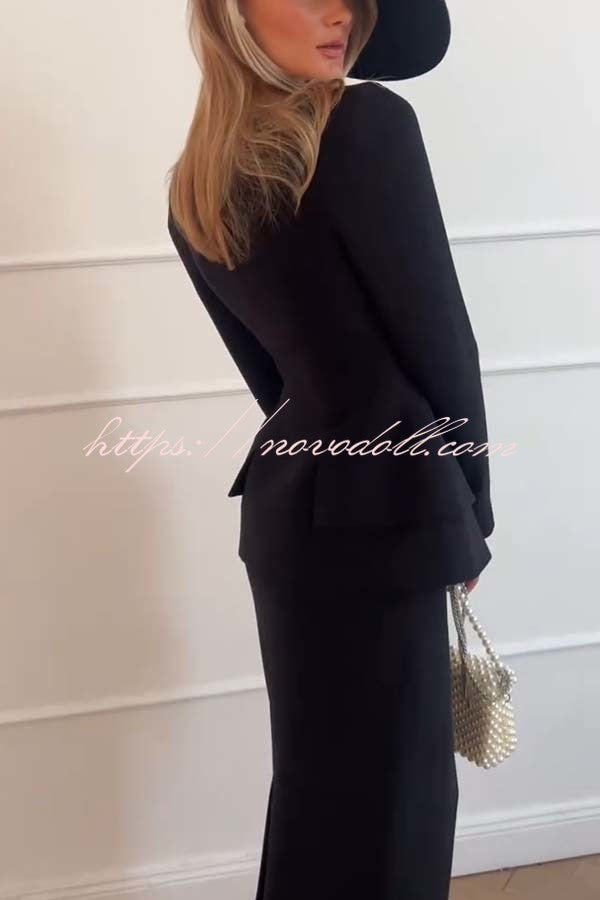 Sculptural Elegance Square Neck Button Blazer and Elastic Waist Pencil Midi Skirt Set