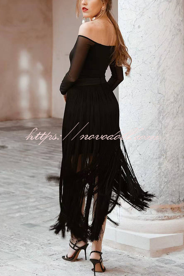 Elegant Tassel Hem Elastic Waist Casual Maxi Skirt