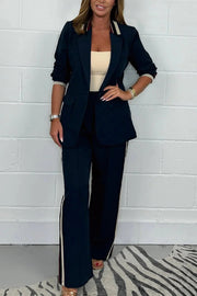 Fashion Lapel Long-sleeved Suit Jacket and Loose Striped Straight Pants Set