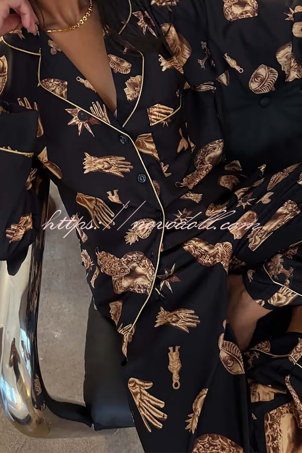 Golden Night Unique Print Color-block Trim Loose Shirt and Elastic Waist Pocketed Pajama Set