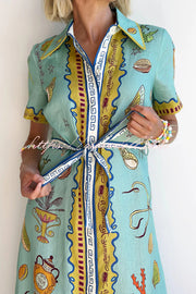 Deep Sea Dreaming Linen Blend Unique Print Short Sleeve Tie-up Shirt Maxi Dress