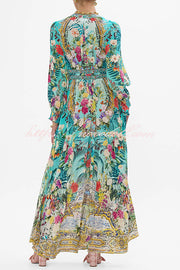 Fairy Tale Print V-Neck Lantern Sleeve Waist Maxi Dress