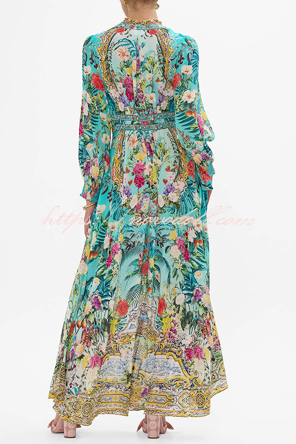 Fairy Tale Print V-Neck Lantern Sleeve Waist Maxi Dress
