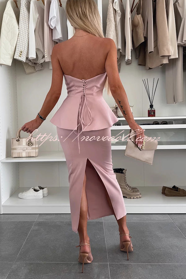 Sexy Tube Backless Lace-up Top and Slim Slit Midi Skirt Set