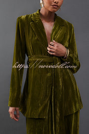 Solid Color Velvet Long-sleeved Waist Tie Top and Elastic Waist Casual Pocket Straight-leg Pants Set