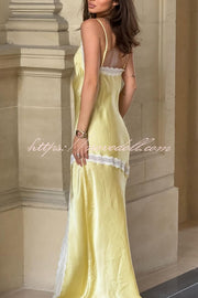 Sweet Trend Satin Lace Trim V-neck Slit Slip Maxi Dress