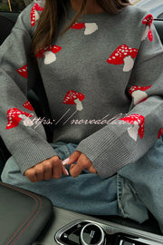 Mushroom Pattern Casual Loose Round Neck Knitted Sweater