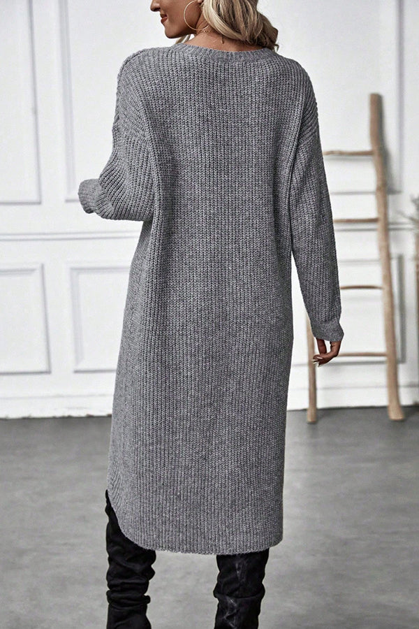 Solid Color Round Neck Long Sleeve Loose Slit Knitted Sweater