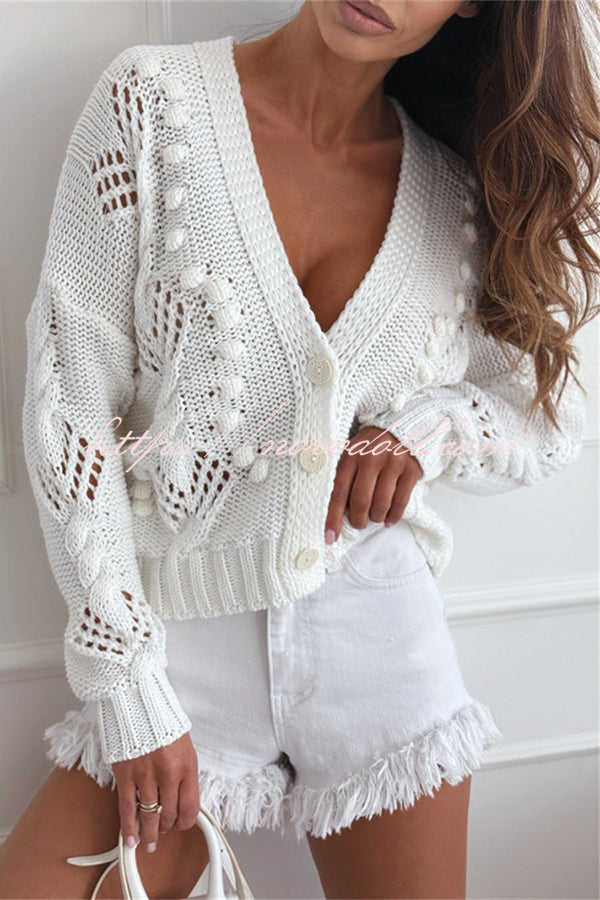 Fashion Hollow Long Sleeve V-neck Button Loose Knitted Cardigan