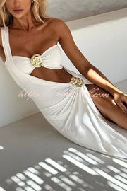Solid Color Sexy Metallic Stretch Two Piece Bikini Swimsuit and One Shoulder Slim Cover Up Set