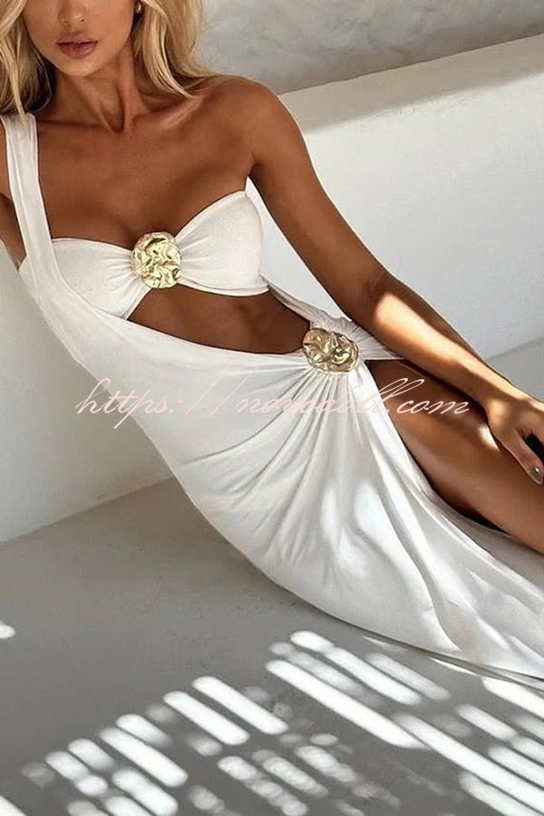 Solid Color Sexy Metallic Stretch Two Piece Bikini Swimsuit and One Shoulder Slim Cover Up Set