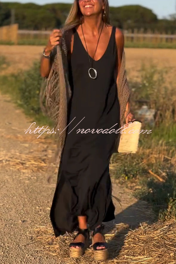 Solid Color V-neck Sleeveless Casual Loose Maxi Dress