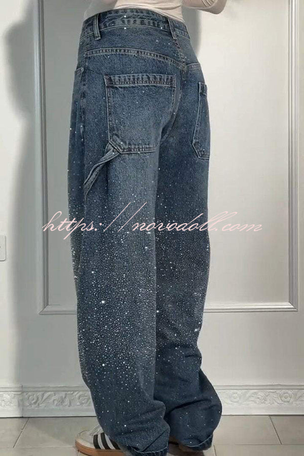Fashionable Rhinestone Mid-rise Loose Pocket Straight Jeans