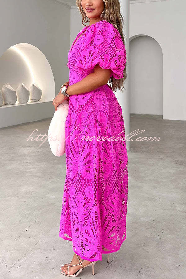 Solid Color V-neck Waist Slim Fit Hollow Lace Maxi Dress