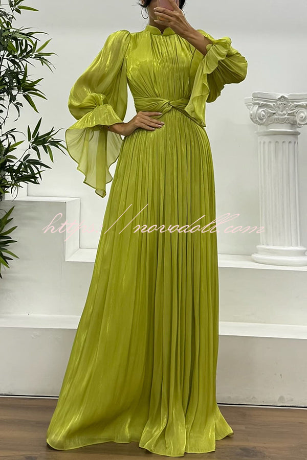 Ellah Shiny Fabric Chinese Stand Collar Twist Waist Balloon Sleeve Maxi Dress